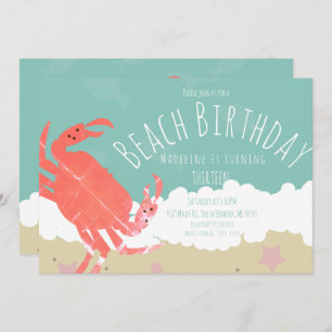 Beach Birthday Crab Sand Ocean Waves Einladung