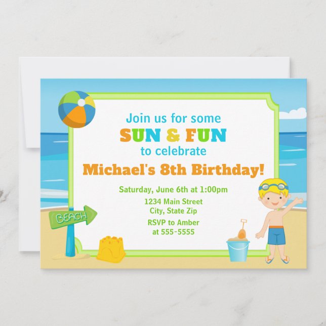 Beach Birthday Invest Beach Party Boy Einladung (Vorderseite)