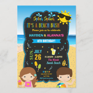 Beach Birthday Party Bash Twins Siblons Boy Girl Einladung