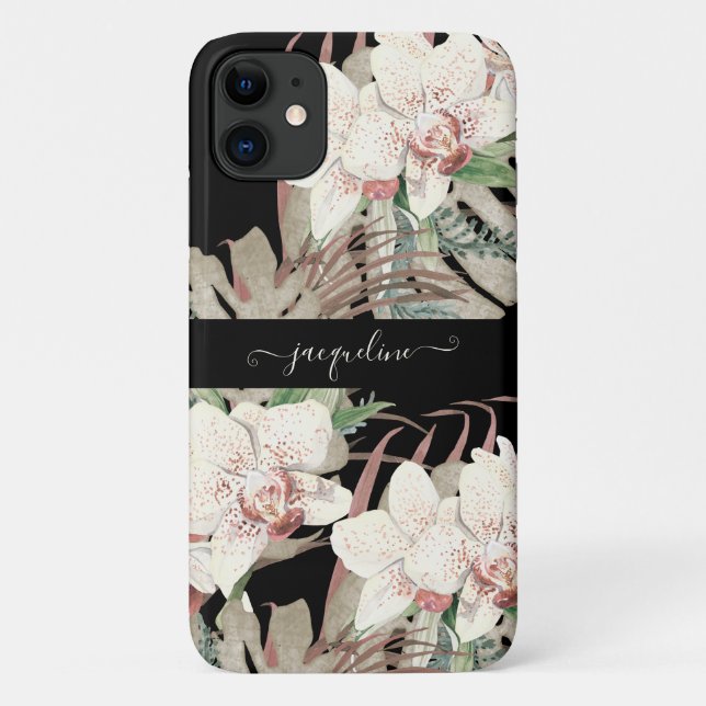 Beach Black in White Orchid Floral Palm Foliage Case-Mate iPhone Hülle (Rückseite)