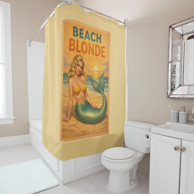 Beach Blonde Pin-Up Mermaid - Yellow Retro Coastal Duschvorhang (Beispiel)