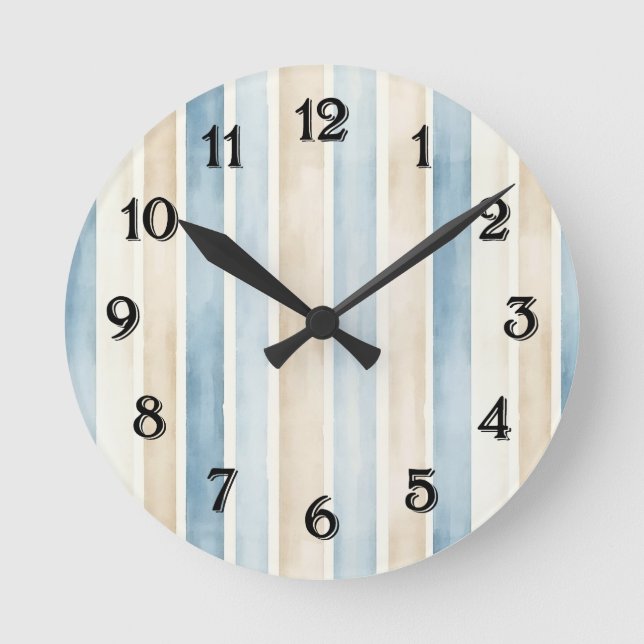 Beach Blue Cream Stripes   Runde Wanduhr (Vorderseite)