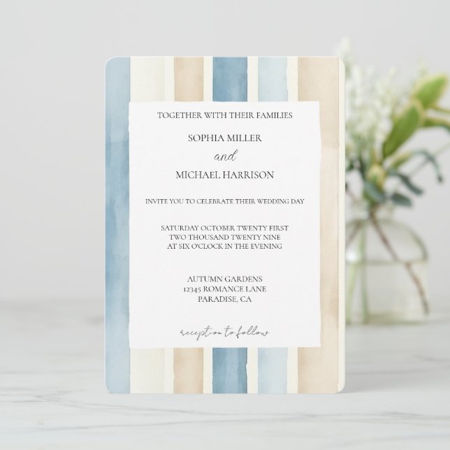 Beach Blue Ivory Cream Sand Stripes Wedding Einladung (Stehend Vorderseite)