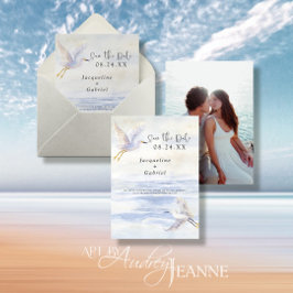 Beach Blue Ocean Watercolor White Cranes Seashore  Save The Date