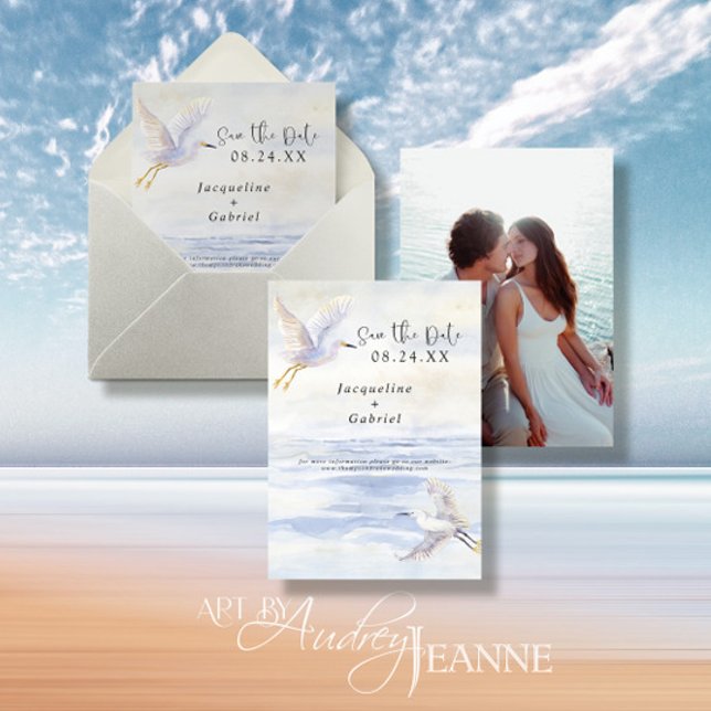 Beach Blue Ocean Watercolor White Cranes Seashore  Save The Date (Von Creator hochgeladen)