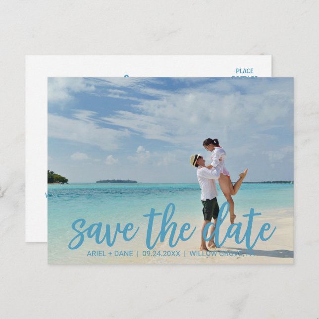 Beach Blue Save the Date Foto Ankündigungspostkarte (Vorne/Hinten)