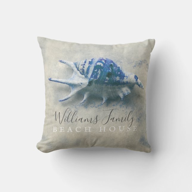 Beach Blue Seashell Familienname Throw Kissen (Vorderseite)