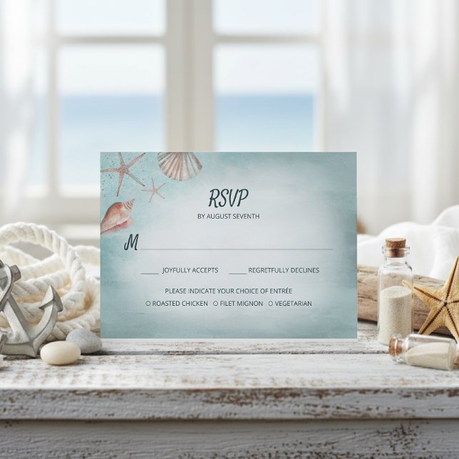 Beach Blue Seashells Meal Choice Wedding RSVP (Von Creator hochgeladen)