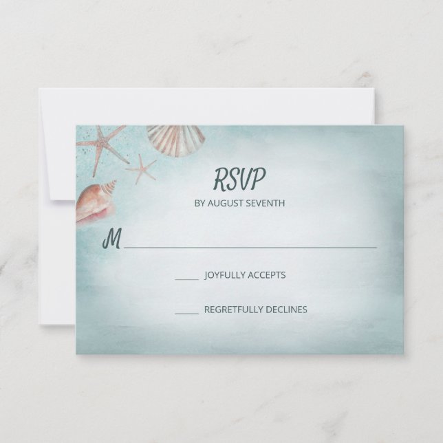 Beach Blue Seashells Watercolor Wedding RSVP (Vorderseite)