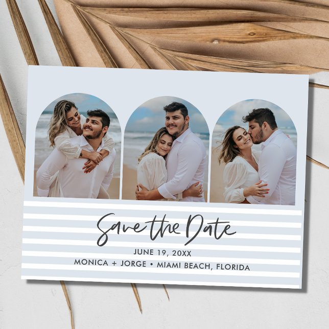 Beach Blue Three Arch Foto Wedding Save the Date Ankündigungspostkarte (Beach Blue Three Arch Photo Wedding Save the Date  Postcard)