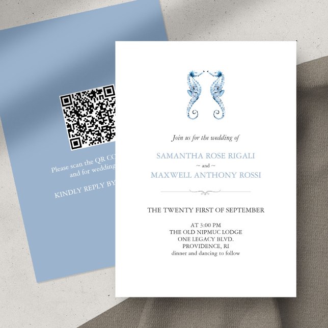 Beach Blue Wedding Einladung mit QR Code (beach wedding dusty blue watercolor seahorse QR code invitations unique art by Victoria Grigaliunas )