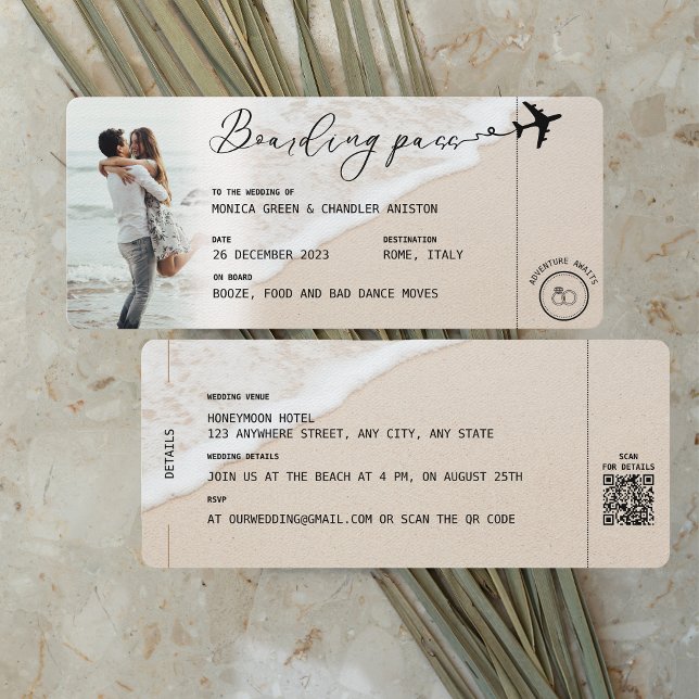 BEACH Boarding Pass Hochzeit in Urlaubsort QR-Code Einladung (Von Creator hochgeladen)
