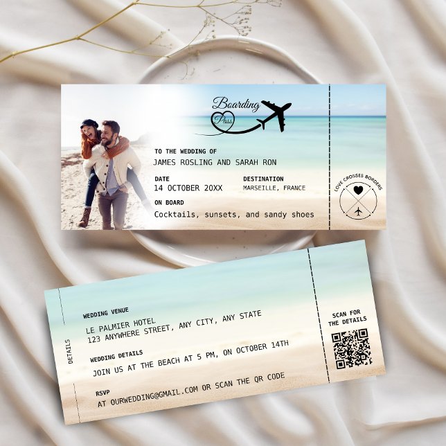 Beach Boarding Pass Wedding Invitation with QR Cod Einladung (Von Creator hochgeladen)
