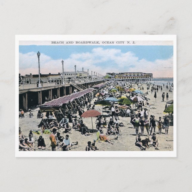 Beach & Boardwalk, Ocean City, NJ Vintag Postkarte (Vorderseite)