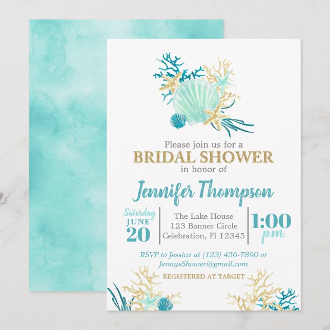 Beach Brautparty Aquamarin und Gold Aquarell Einladung (Vorne/Hinten)