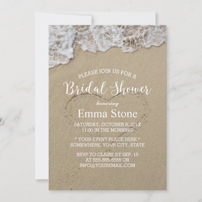 Beach Brautparty Herz in Sand Einladung (Vorderseite)