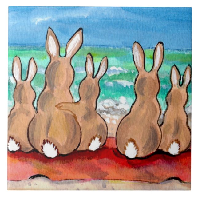 Beach Bunnies Familie auf Blanket 6" Tile Trivet Fliese (Vorderseite)