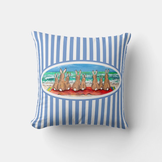 Beach Bunny Rabbit Urlaub Blue Strip Spaß & Niedli Kissen (Vorderseite)