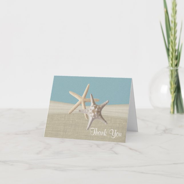 Beach Burlap und Starfish Sky Blue Vielen Dank Dankeskarte (Vorderseite)