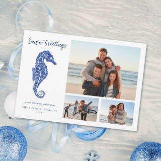 Beach Christmas Navy Blue Seepferd 3 Foto Feiertagskarte