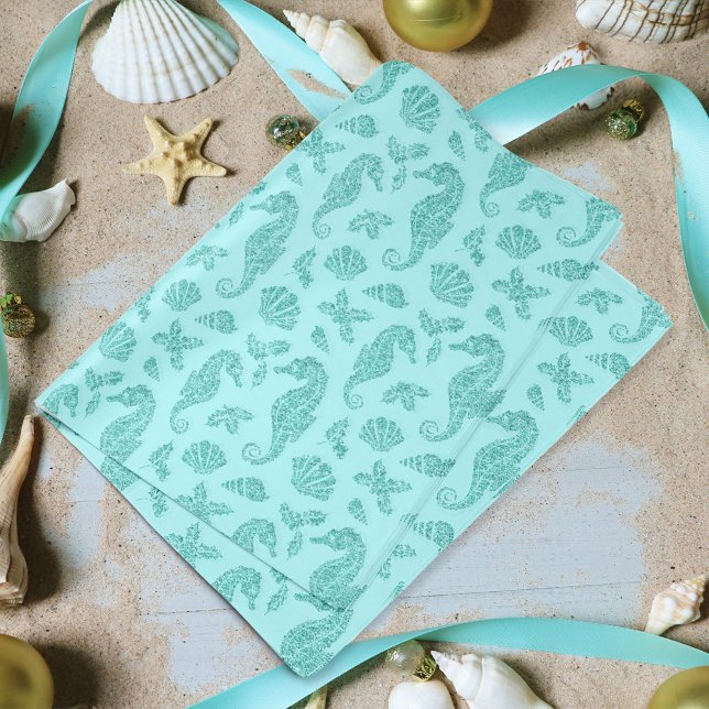 Beach Christmas Seepferd Pattern Aqua Glitzer Seidenpapier (Von Creator hochgeladen)