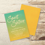 Beach Citrus Gradient Sweet 16 Geburtstag Einladun Einladung<br><div class="desc">Diese 16-minütige Einladung enthält einen grünen und hellorangefarbenen Farbverlauf mit einem subtilen grunge/witterten Look und das Wort "16 . Geburtstag" in einem trendigen Pinselskript-Schriftart. Die lebhaften Zitrusfarben laden zu einer Sommerfeier oder zum 16 . Geburtstag-Geburtstag ein. Personalisieren Sie diese Einladung, indem Sie den Platzhaltertext in der Vorlage ersetzen. Für weitere...</div>