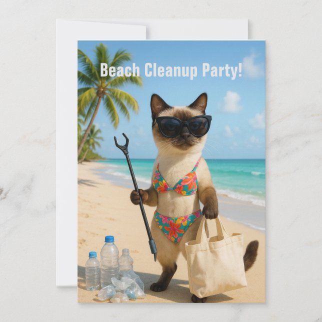Beach Cleanup Party with cat lovers Invitation  Einladung (Vorderseite)