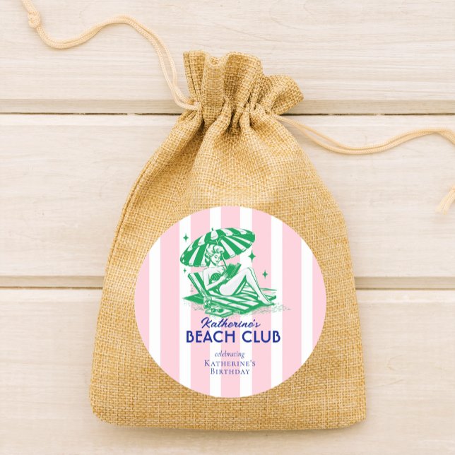 Beach Club Pink Cabana Stripe Birthday Party Runder Aufkleber (Von Creator hochgeladen)