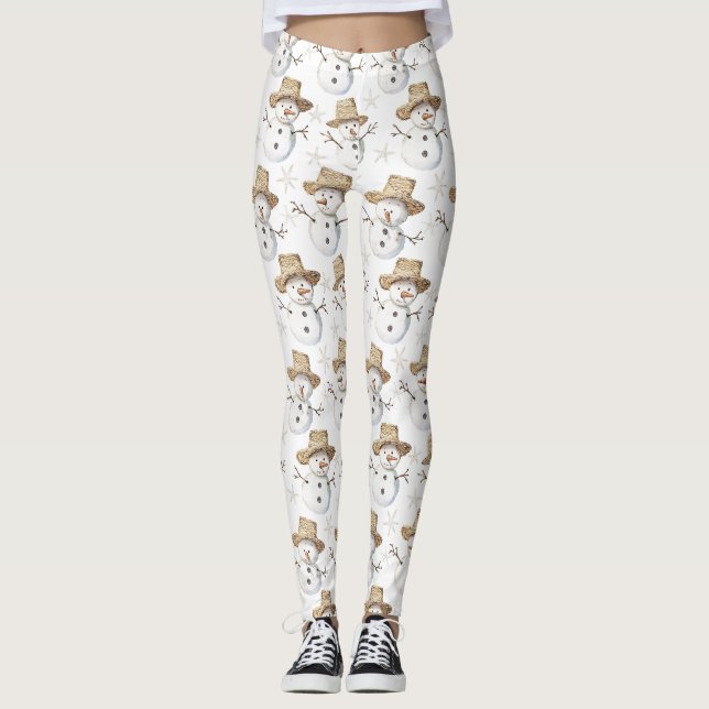 Beach Coast Snowman Weihnachten Leggings (Vorderseite)