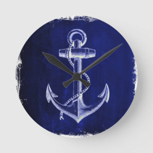 beach coastal chic nautical navy blue anchor runde wanduhr