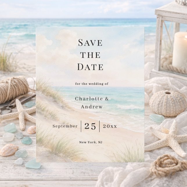 Beach coastal modern wedding budget Save the Date Flyer (Von Creator hochgeladen)