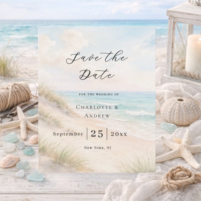 Beach coastal modern wedding Save the Date card (Von Creator hochgeladen)