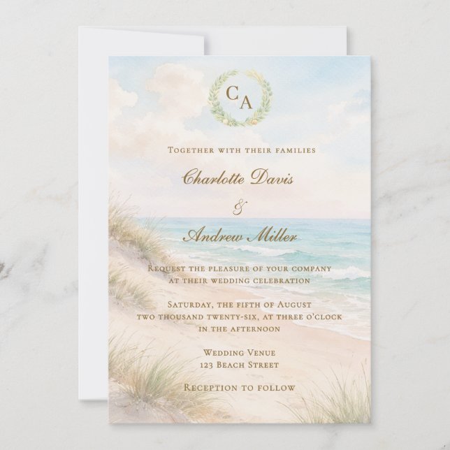 Beach coastal monogrammed wedding einladung (Vorderseite)