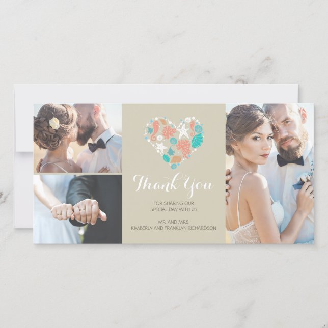 Beach Coastal Nautical Heart Wedding Vielen Dank Dankeskarte (Vorderseite)