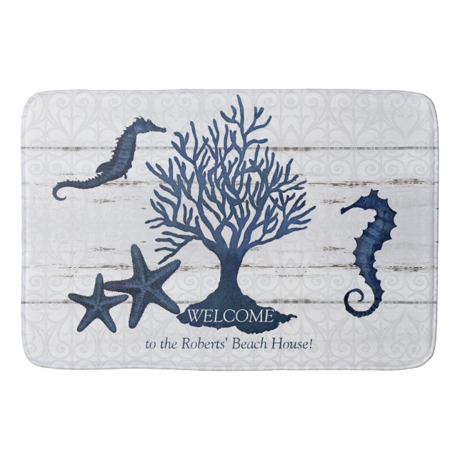 Beach Coastal Navy Blue n Wood Seepferd Coral Badematte (Vorderseite)