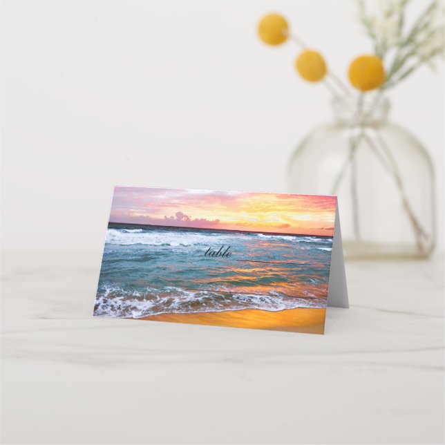 Beach Coastal Ocean Sunset Waves Hochzeit Platzkarte (Vorderseite)