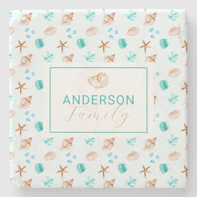 Beach Coastal Seashells Family Name Custom Steinuntersetzer (Vorderseite)