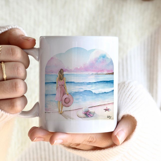 Beach Coffee Mugs - Valentinstag Geschenke für sie Kaffeetasse (beach coffee mugs watercolor shoreline art scene with woman in pink by Victoria Grigaliunas)