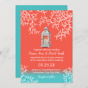 Beach Coral Reef & Rustic Lantern Wedding Einladung