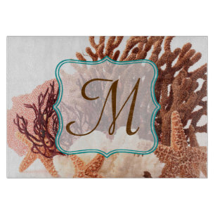 Beach Coral Star Fish Monogram Glass Cutting Board Schneidebrett