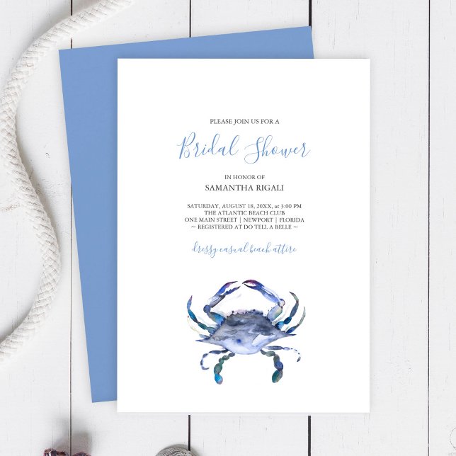 Beach Crab Bridal Dusche Einladungen (Bridal shower invitations watercolor blue crab art by Victoria Grigaliunas )