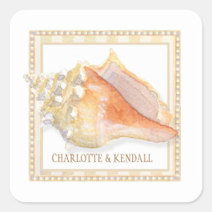 Beach Damask Conch Muschel Hochzeit Umschlag Aufkl Quadratischer Aufkleber