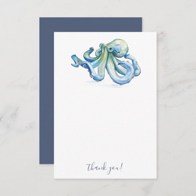 Beach Danke, Cards Blue Watercolor Octopus Dankeskarte (Vorne/Hinten)