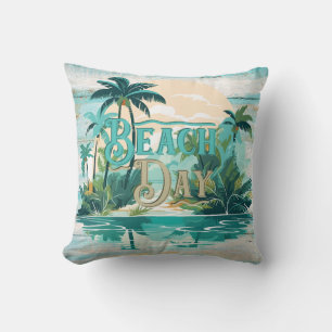 Beach Day Aquamarin Beige Palm Trees Beach Coastal Kissen