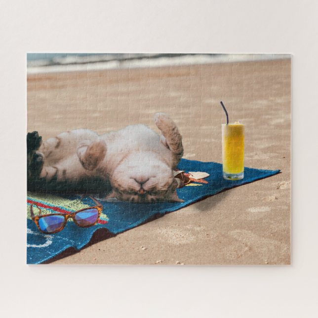 Beach Day Cat Sunbathing Cute Funny Silly Animal Puzzle (Horizontal)