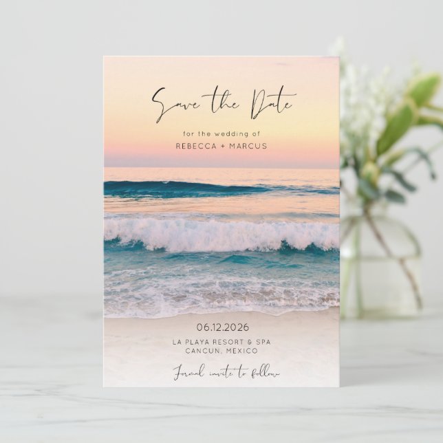Beach Destination Foto Hochzeit Save The Date (Stehend Vorderseite)