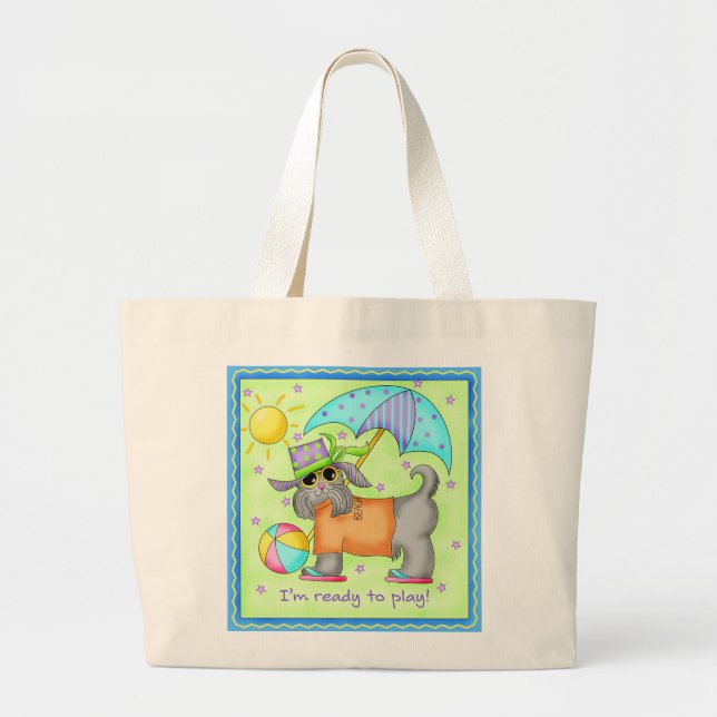 Beach Dog Whimsy Art Green Blue Jumbo Stoffbeutel (Vorne)