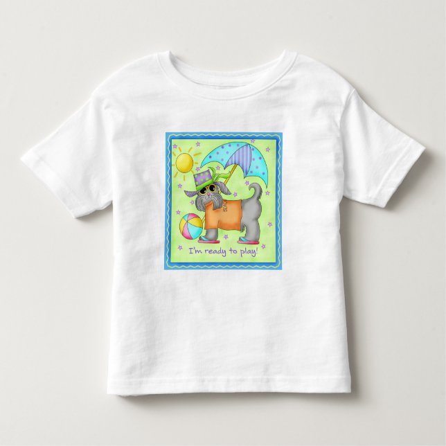 Beach Dog Whimsy Art Green Blue Kleinkind T-shirt (Vorderseite)