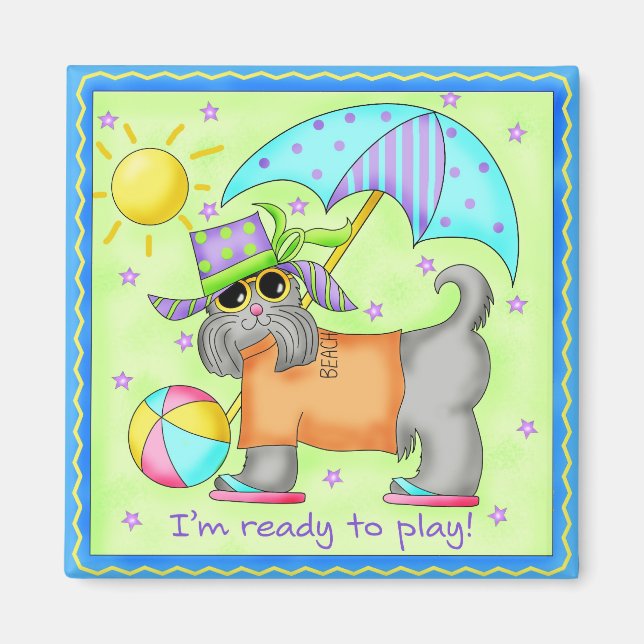 Beach Dog Whimsy Art Green Blue Magnet (Vorne)