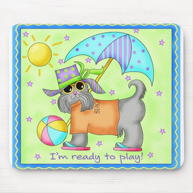 Beach Dog Whimsy Art Green Blue Mousepad (Vorne)